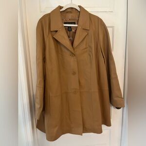 Camel Leather Button-Front Long Jacket